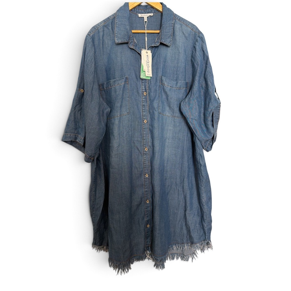 Workshop Woman Tencel Denim Shirt Dress Blue Frayed Hem Plus Size 2X NWT